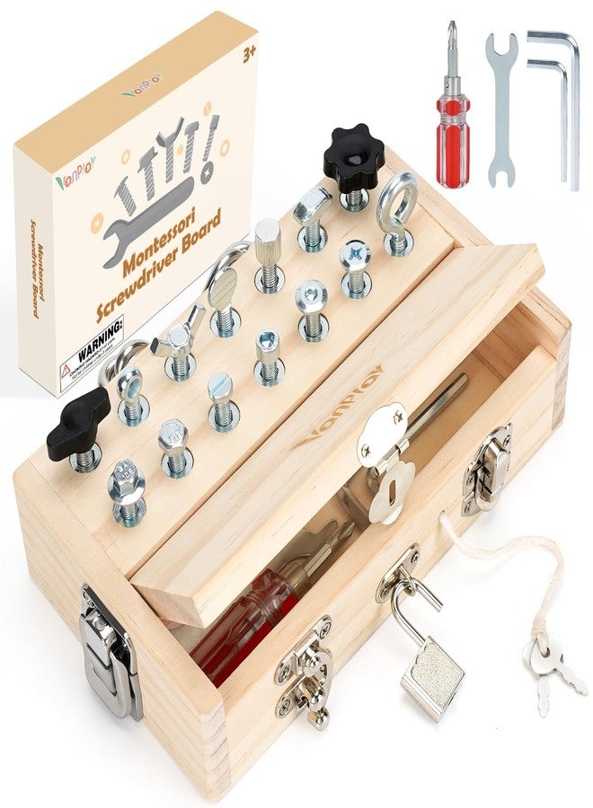 Vanplay Busy Board Toys for 3 4 5 Year Olds Boy Birthday Gifts, Montessori Toys for 3 Year Old, Screwdriver Board Set with Lock and Key - Wooden Kid Tool Set Educational Learning Toys for Kids 3-6 - Image 1